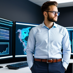 A professional data analyst, fully clothed in a crisp, modest business shirt and trousers, standing in a brightly lit, modern tech office. They are focused on a large holographic display showing intricate data visualizations, clean code snippets, and performance metrics, symbolizing data optimization and efficiency. The atmosphere is calm and focused, highlighting precision. safe for work, appropriate content, fully clothed, professional. perfect anatomy, correct proportions, natural pose, well-formed hands, proper finger count, natural body proportions. Professional photography, high detail, sharp focus.