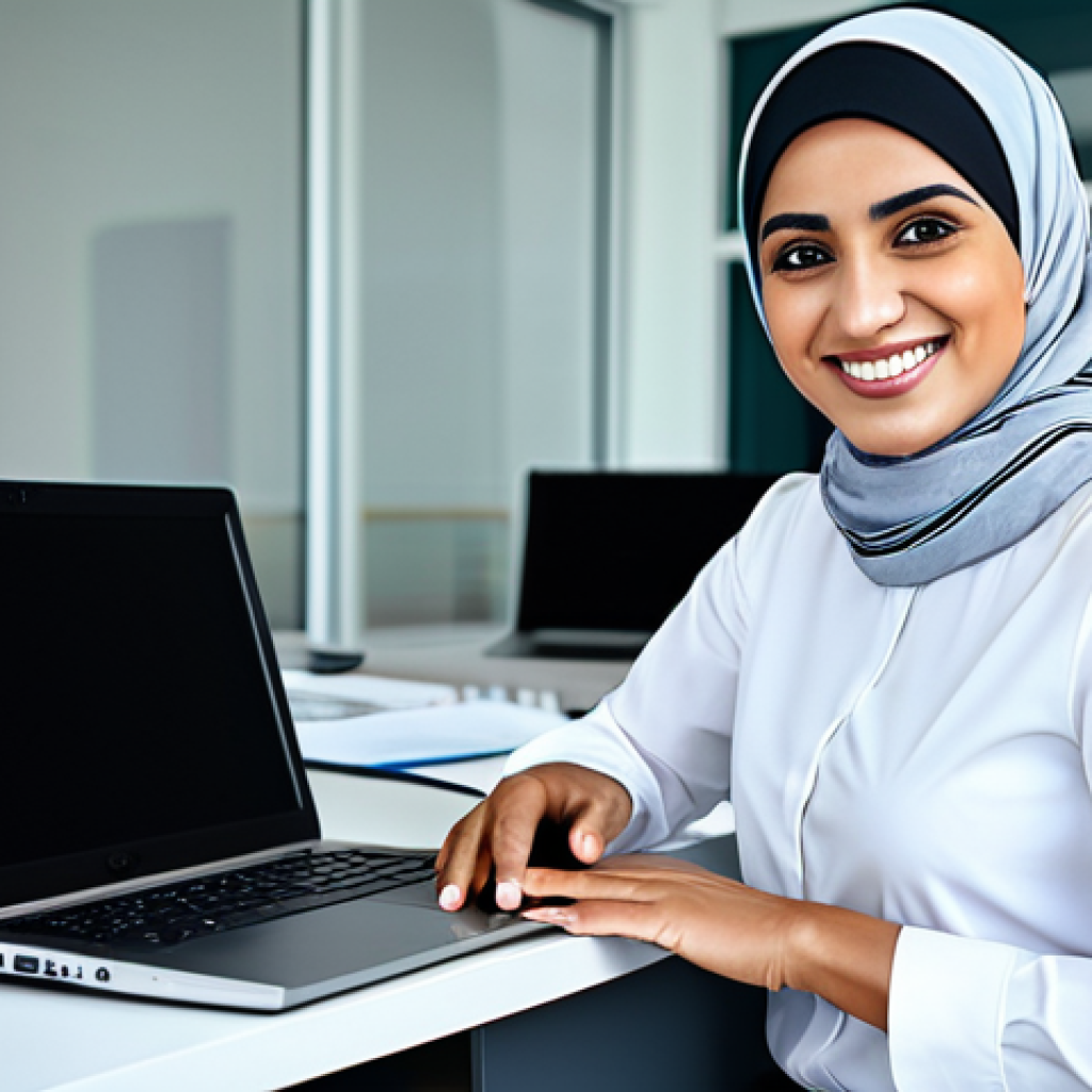 **

"A professional female engineer, fully clothed in a modest work outfit with a headscarf, smiling confidently in a modern tech office in Dubai. She is working on a laptop, with blueprints visible in the background. Safe for work, appropriate content, perfect anatomy, natural pose, professional setting, well-lit, high-resolution."

**