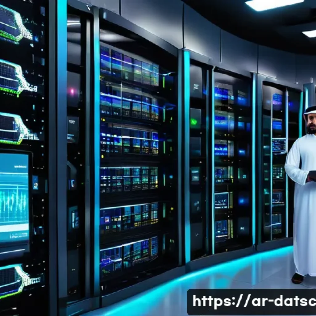 운영 중 데이터베이스 성능 저하 원인 분석 - A detailed digital illustration of a modern Middle Eastern data center environment, showcasing large...