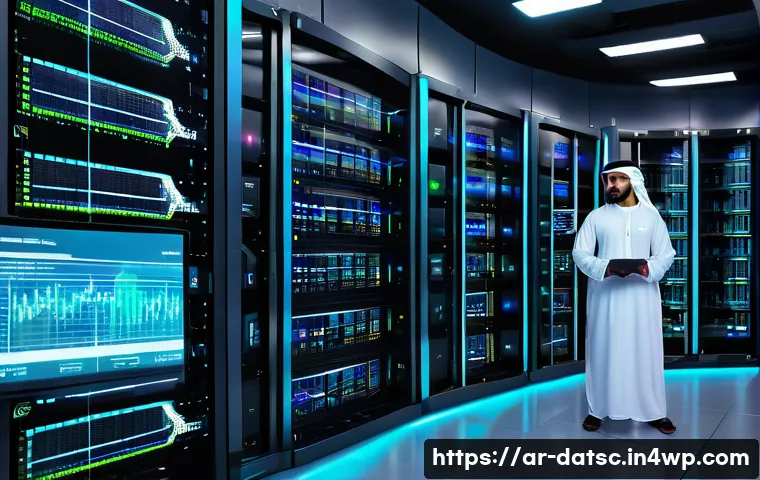 운영 중 데이터베이스 성능 저하 원인 분석 - A detailed digital illustration of a modern Middle Eastern data center environment, showcasing large...
