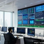 Home 23 저비용으로 데이터베이스 성능 향상하는 방법 - A modern Middle Eastern office environment with a diverse team of IT professionals analyzing complex...